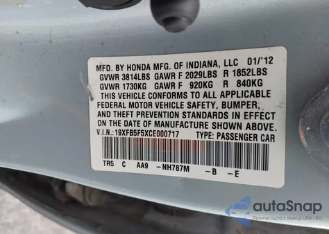 2012 Honda Civic Natural Gas из США, поврежденный, VIN 19XFB5F5XCE000717